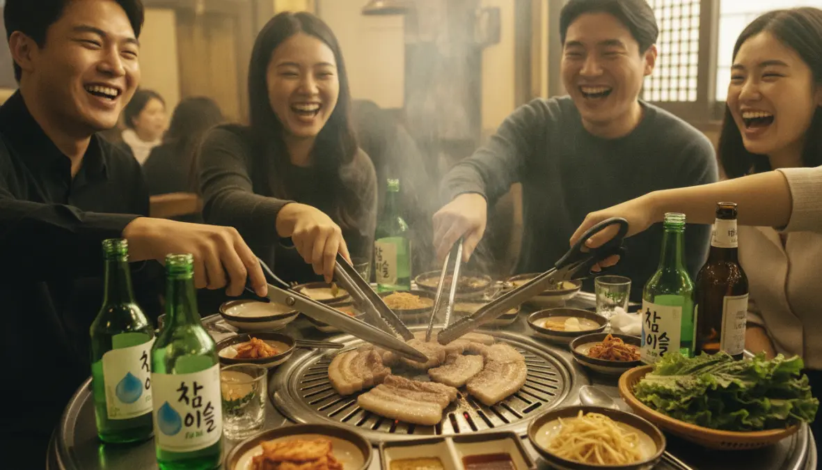 Friends enjoying samgyeopsal social dining experience at Korean BBQ restaurant with grill table and soju