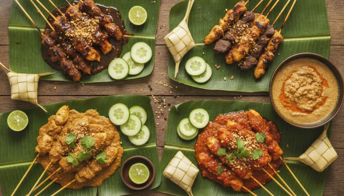 Regional satay variations from Indonesia, Malaysia and Thailand showing different traditional styles and accompaniments