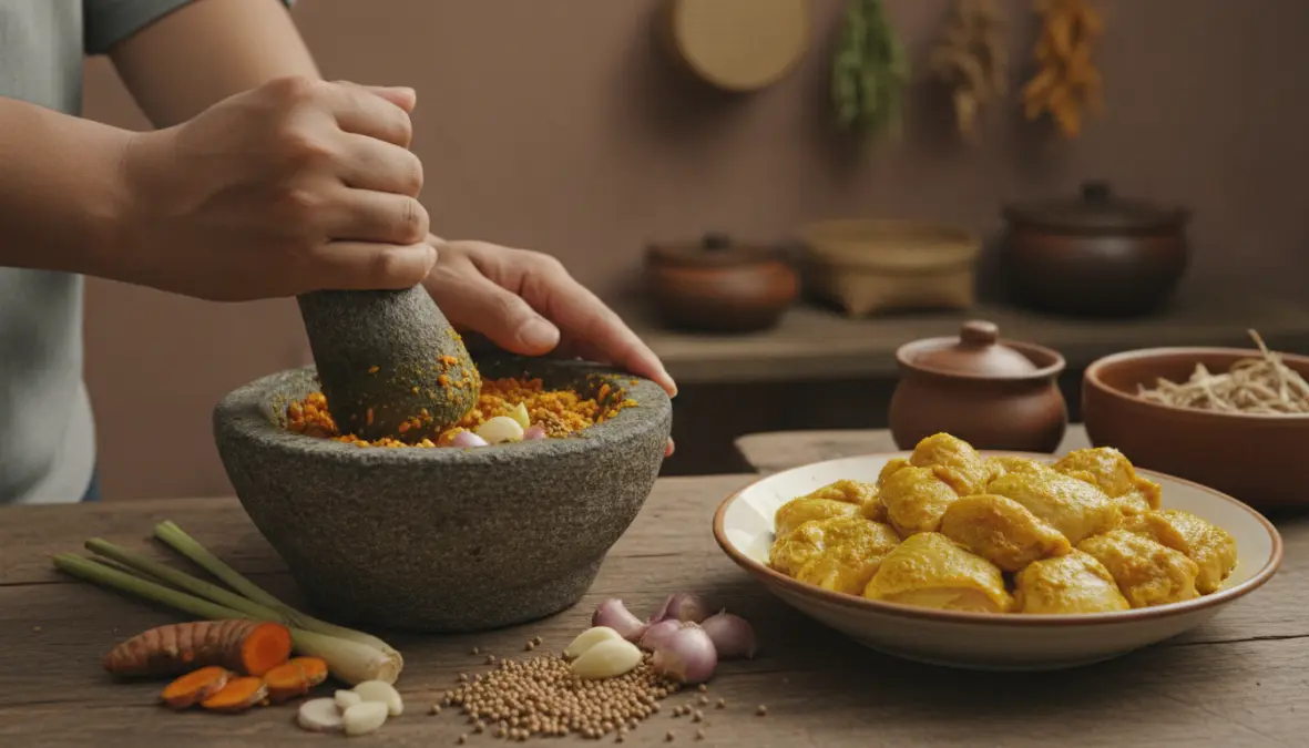 Traditional satay marinade ingredients and spice paste preparation with turmeric and authentic Southeast Asian spices
