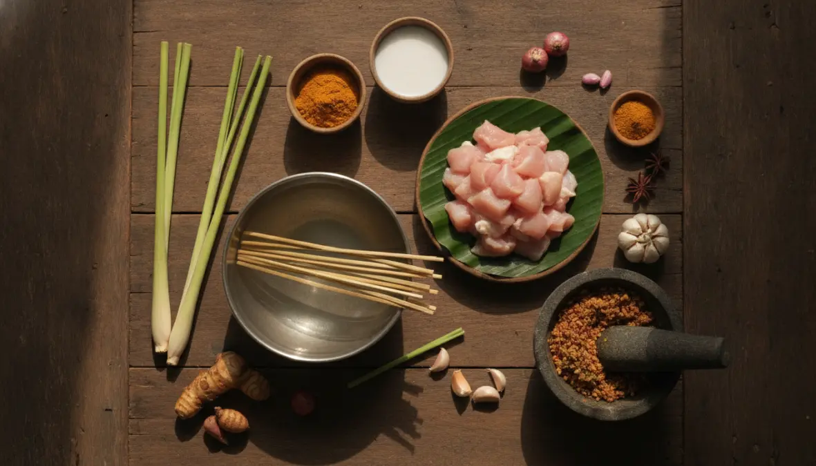 Traditional satay recipe ingredients including turmeric spice, coconut milk, and bamboo skewers for Indonesian Malay cuisine