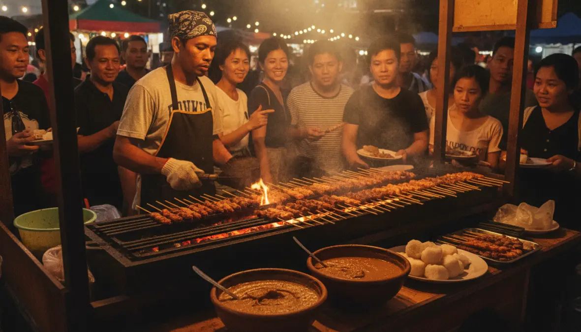 Southeast Asian street food vendor grilling satay with peanut sauce and lontong rice cakes at traditional market