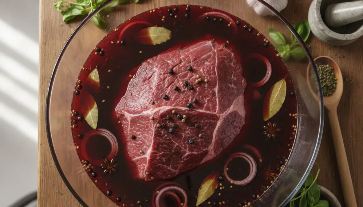 Beef roast marinating in traditional sauerbraten vinegar marinade with spices