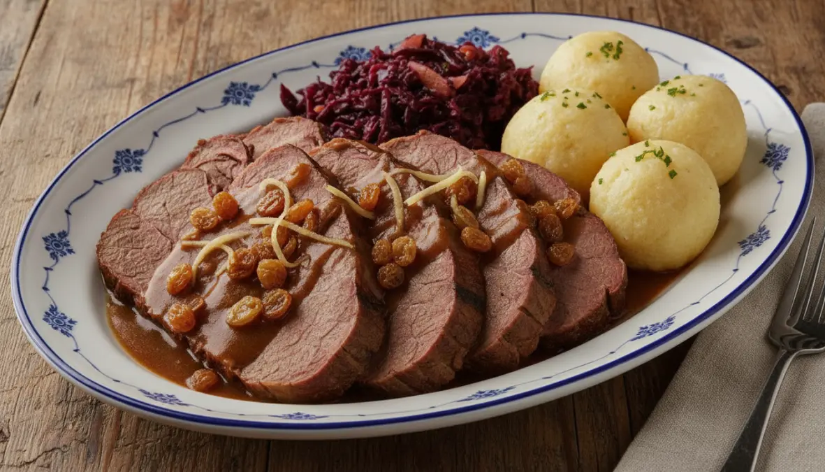 Rhineland sauerbraten with gingersnap gravy, red cabbage and potato dumplings