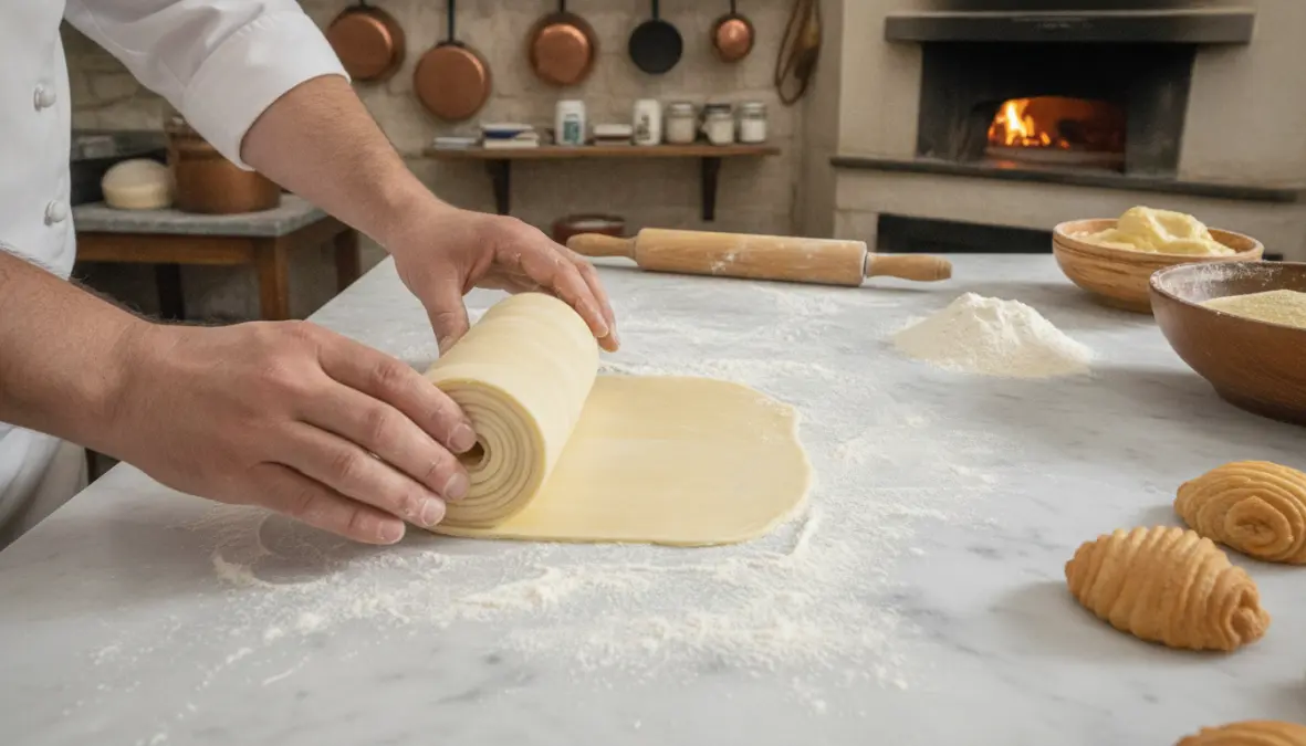 Pastry chef preparing traditional sfogliatelle ricce with laminated dough technique in Naples bakery