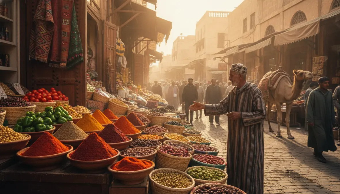 North African market with traditional spices and ingredients used in authentic shakshuka