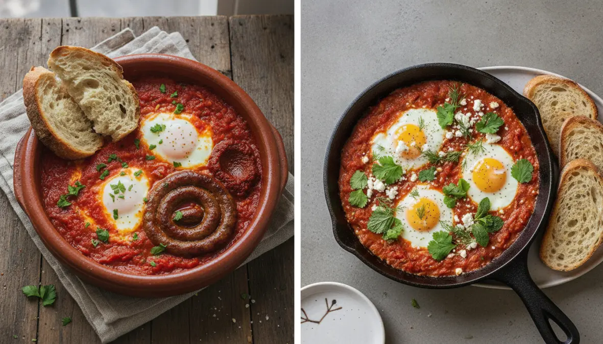 Comparison between traditional Tunisian shakshuka and modern Israeli breakfast version