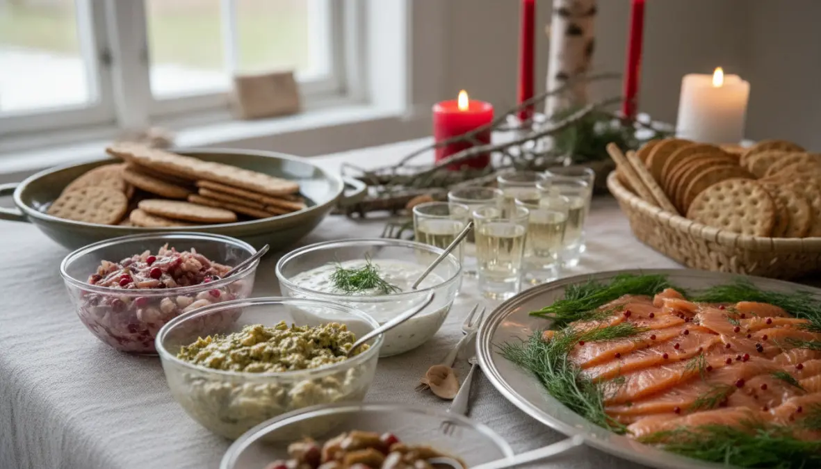Traditional Swedish smorgasbord first course with pickled herring, gravlax, and aquavit