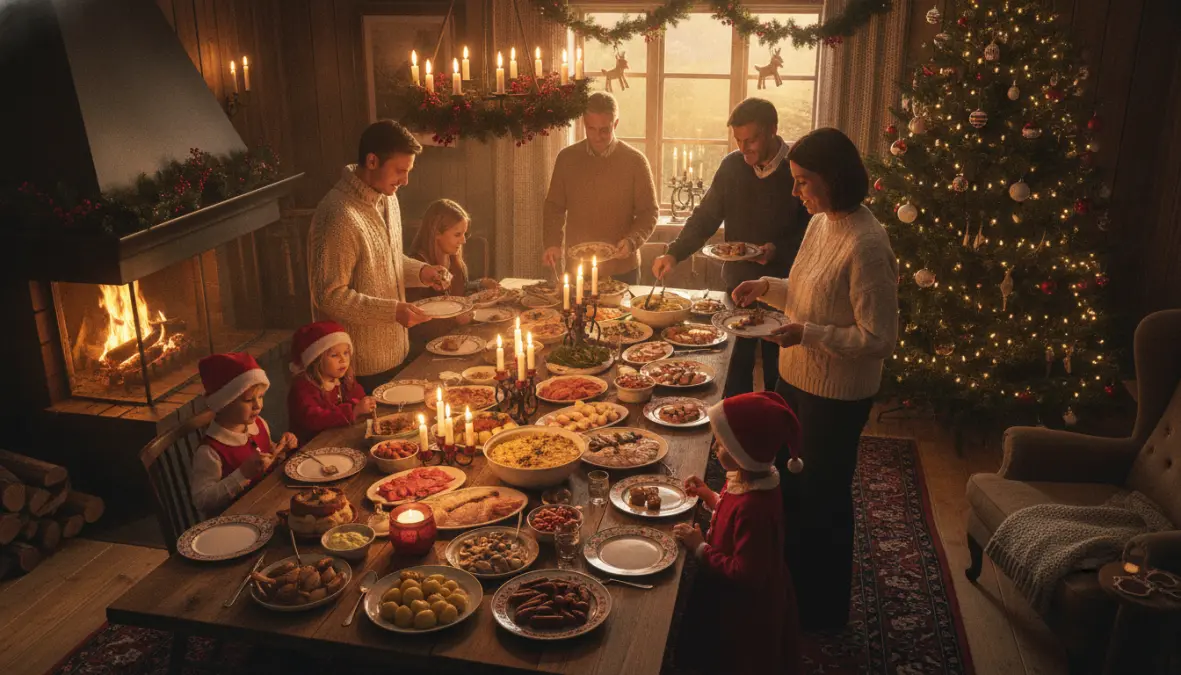 Swedish families enjoying traditional julbord Christmas smorgasbord feast together