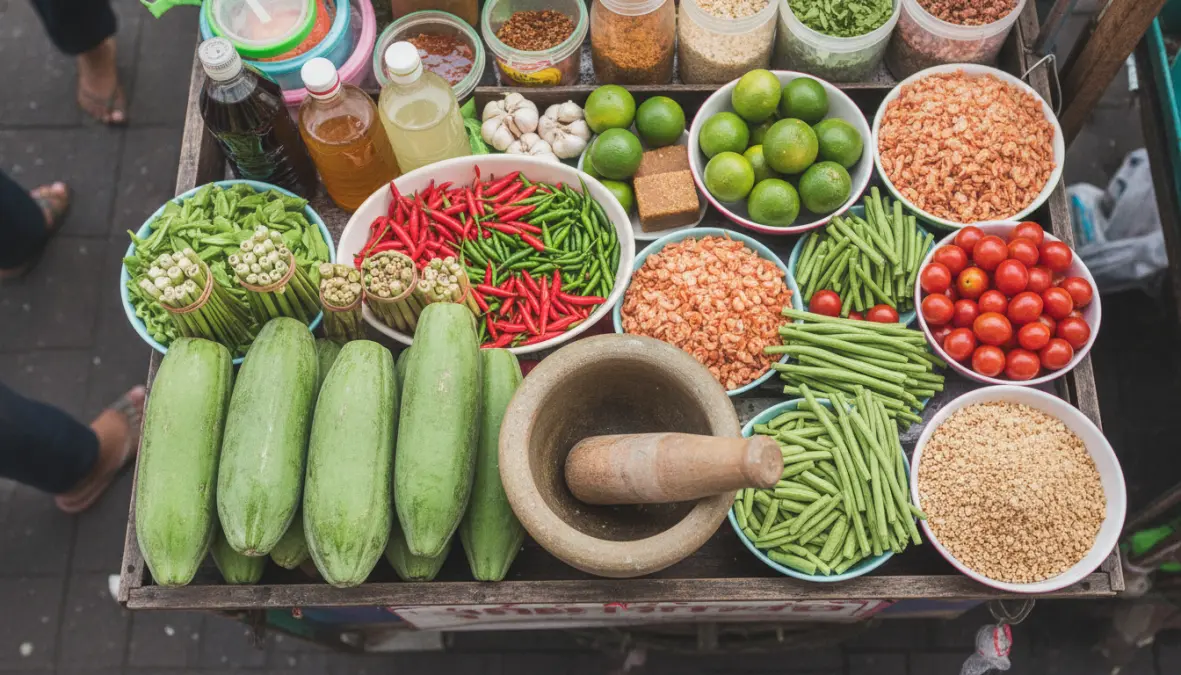 Fresh som tam ingredients displayed at Thai street food market including green papaya, chilies, and traditional preparation tools