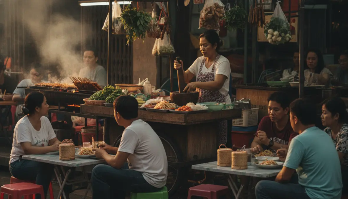 Thai street food vendor preparing som tam at authentic Bangkok market stall with customers and sticky rice