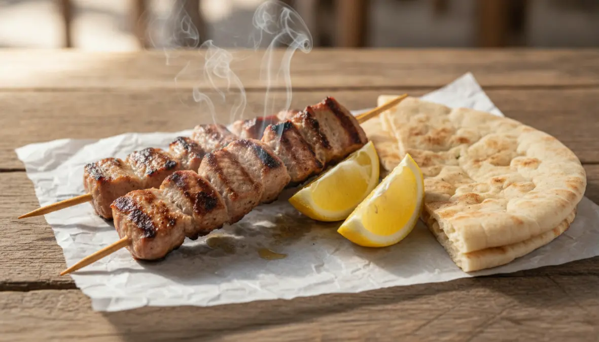 Traditional Greek souvlaki skewers with grilled pork cubes and pita bread