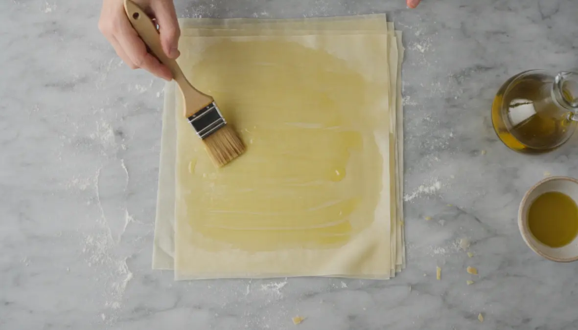 Phyllo pastry techniques for making authentic spanakopita with olive oil brushing
