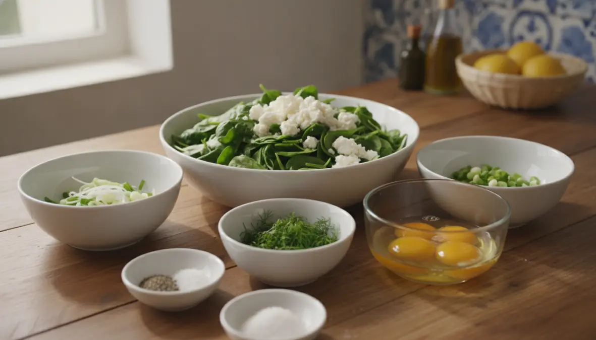 Traditional spanakopita recipe ingredients including spinach, feta cheese, and fresh herbs