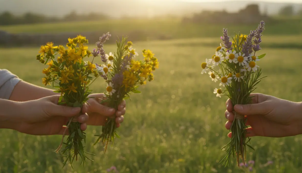 Traditional summer solstice herb gathering with fresh aromatic plants collected during midsummer celebrations