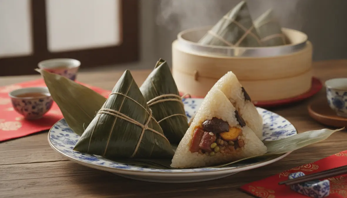 Traditional zongzi rice dumplings served during summer solstice celebrations in Chinese culture