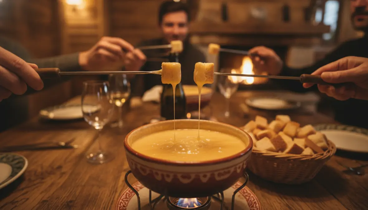 Friends sharing swiss cheese fondue together demonstrating the fondue sharing ritual and communal dining tradition