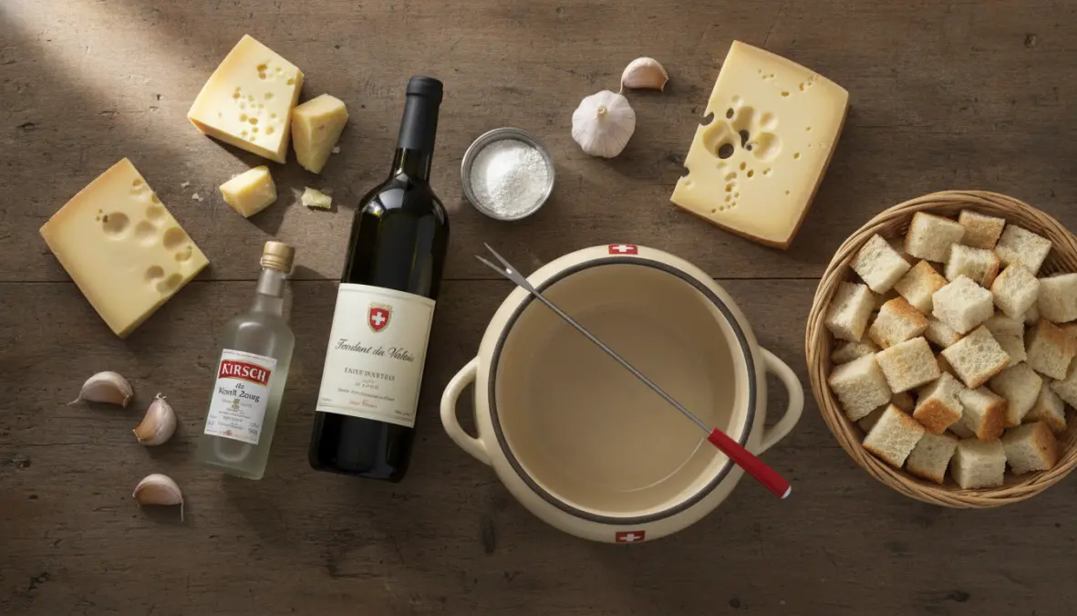 Traditional fondue recipe ingredients including gruyere emmental cheese and kirsch wine for authentic swiss fondue