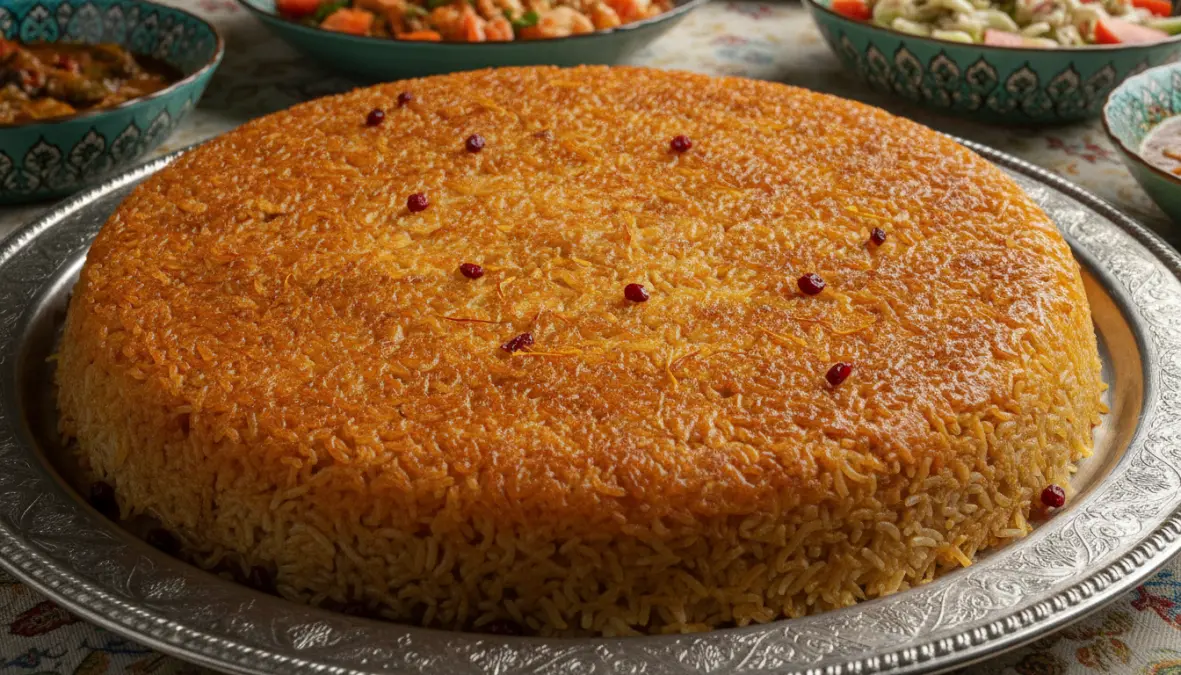 Traditional persian crispy rice tahdig with golden crust and saffron garnish on serving platter