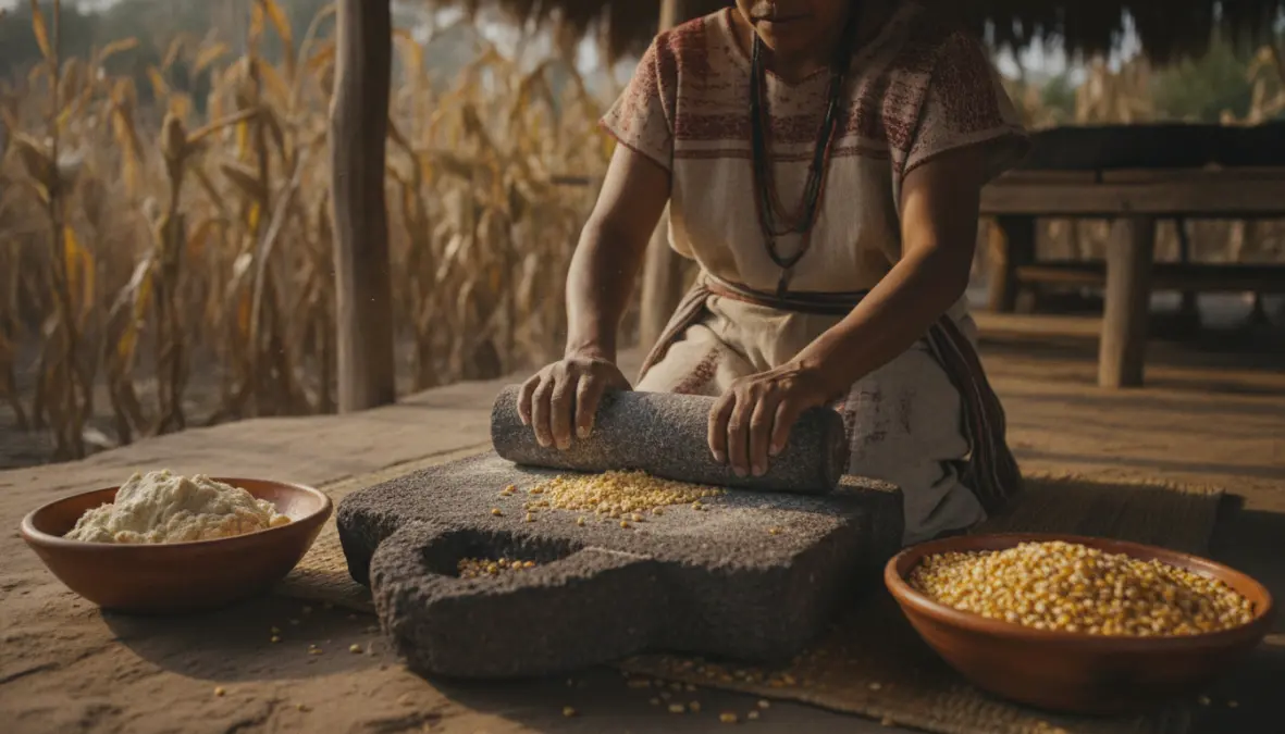 Traditional masa preparation using stone metate showing ancient indigenous mexican cooking techniques