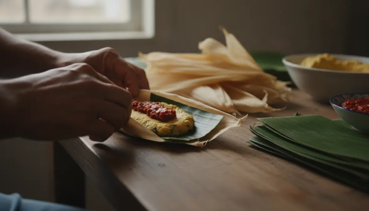 Traditional tamale making process showing corn husks wrapping technique from mesoamerican food culture