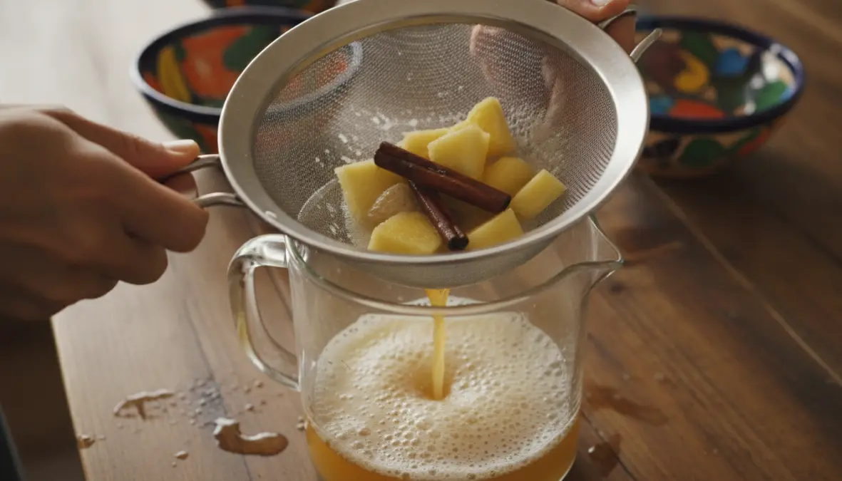 Straining homemade tepache recipe with pineapple fermentation ingredients