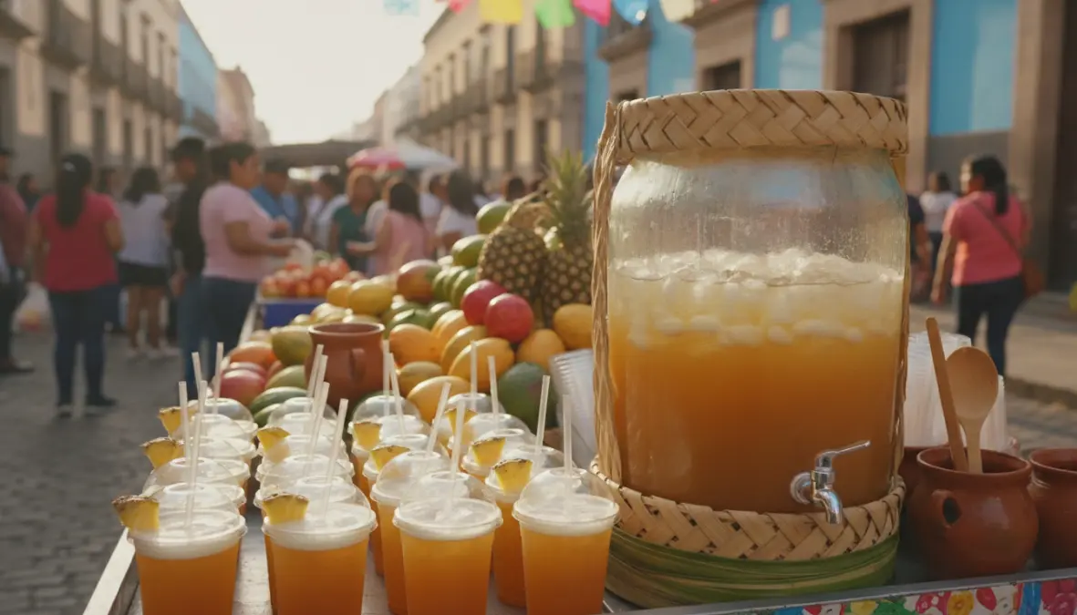 Traditional mexican street drinks vendor selling tepache at local market