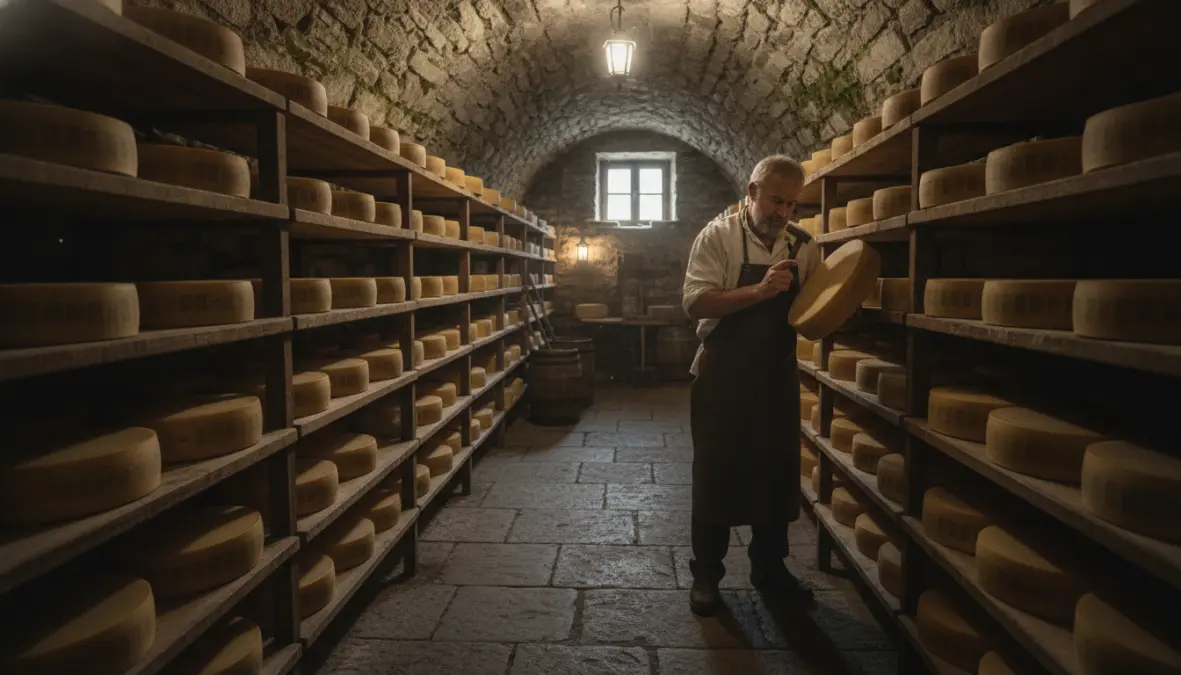 Traditional alpine cheese cellars with aging cheese wheels showing artisan cheese traditions