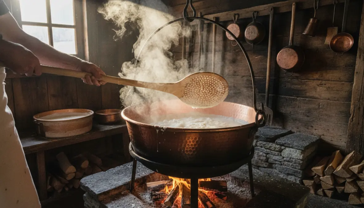 Traditional mountain cheese production methods using raw milk and copper cauldrons in alpine dairy farming