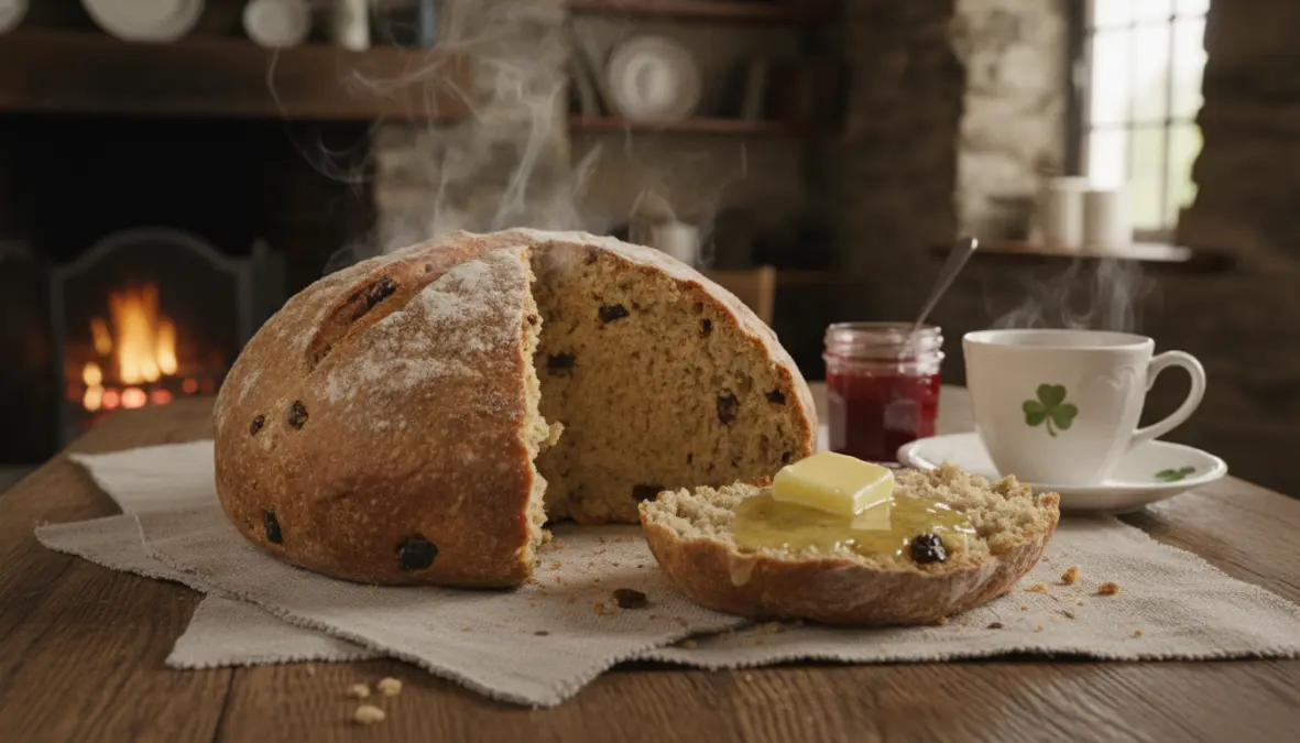 Cross-section of traditional soda bread culture showing authentic texture and serving of irish soda bread
