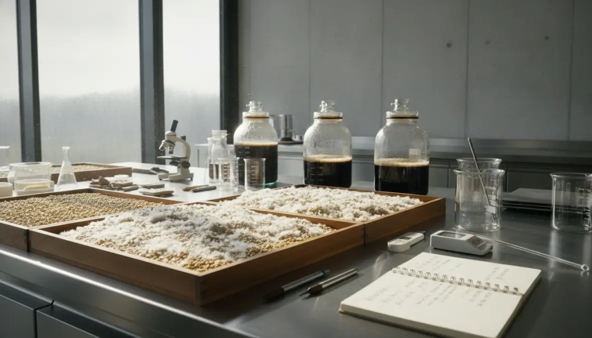 Noma fermentation lab with koji grains and traditional Nordic fermentation equipment
