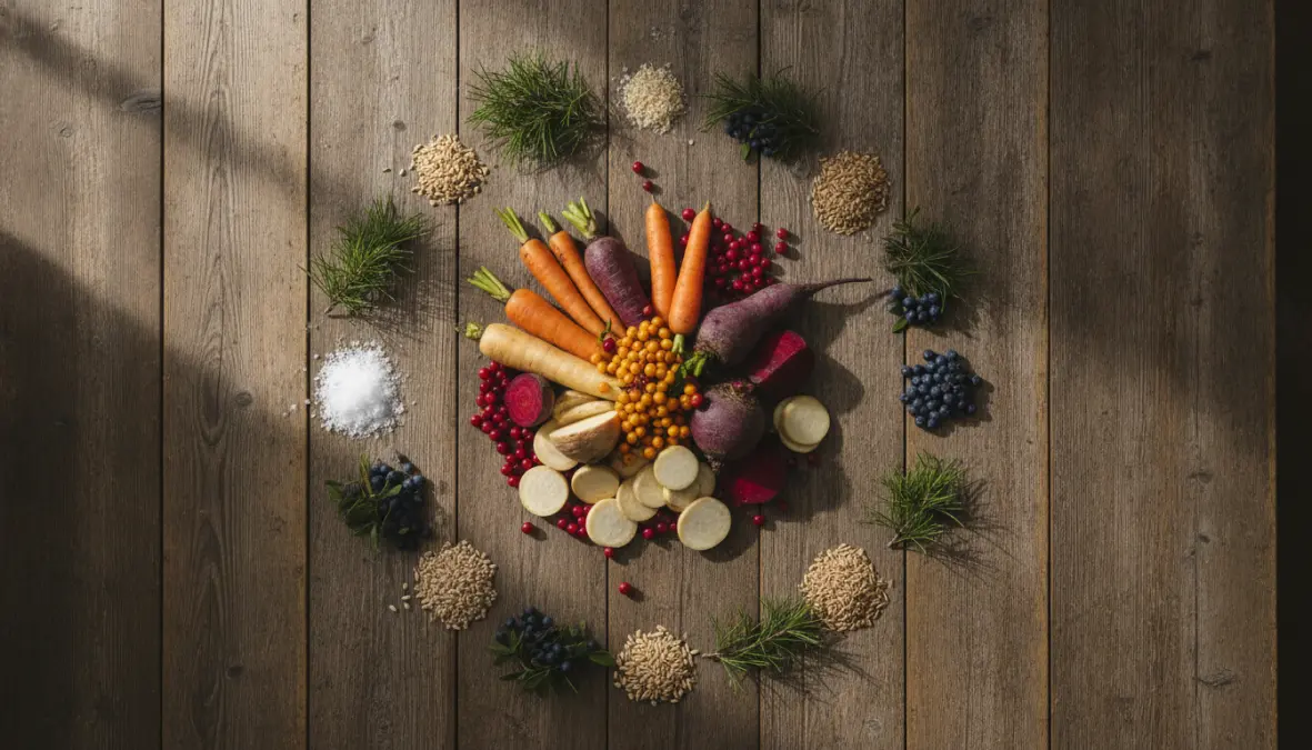 Essential Nordic fermentation ingredients including root vegetables, wild berries and ancient grains