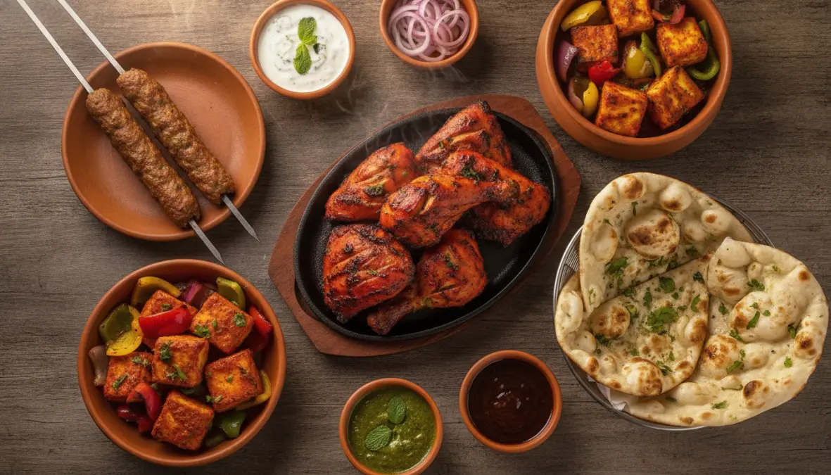 Assortment of authentic tandoori recipes including tandoori chicken, seekh kebab, naan bread and traditional accompaniments