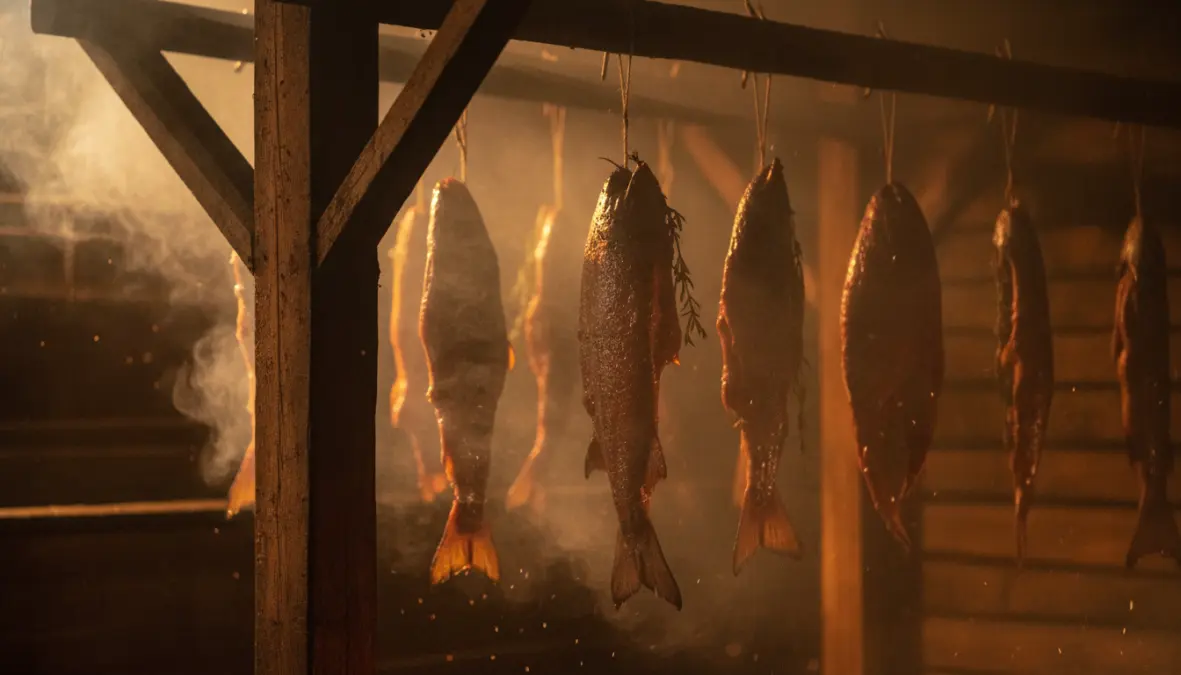 Traditional smoking methods showing salmon hanging in smokehouse using ancient preservation techniques