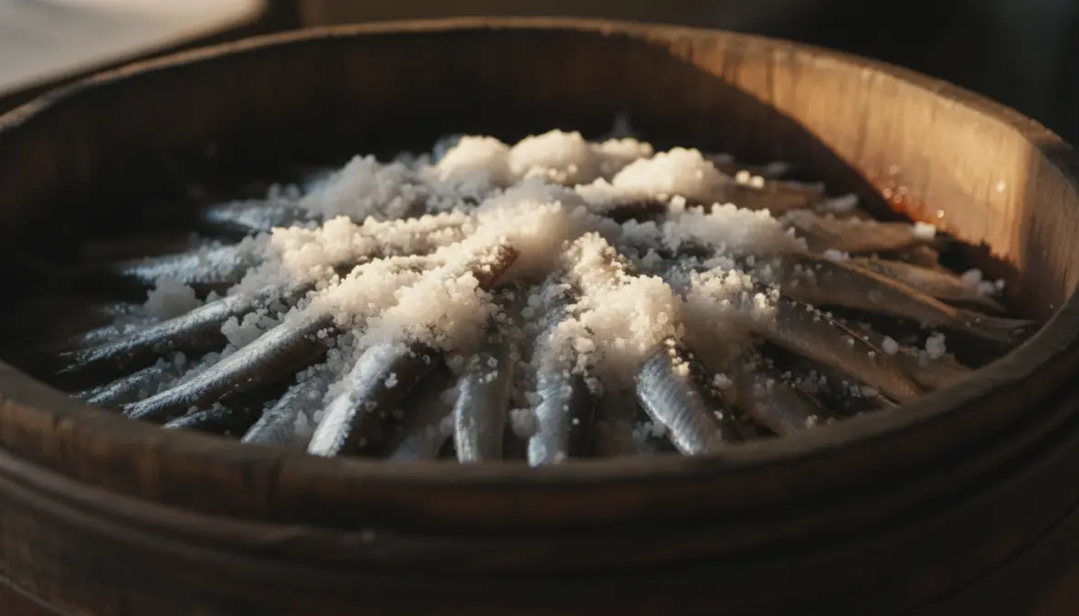 Anchovy fermentation process for traditional fish sauce production showing salt brine layering technique