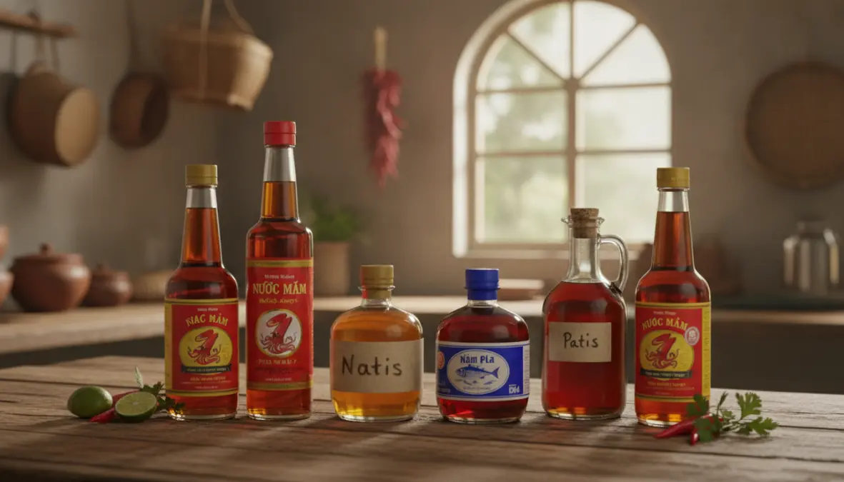 Regional fish sauce varieties from Southeast Asia including nuoc mam, nam pla, and patis showcasing traditional condiments