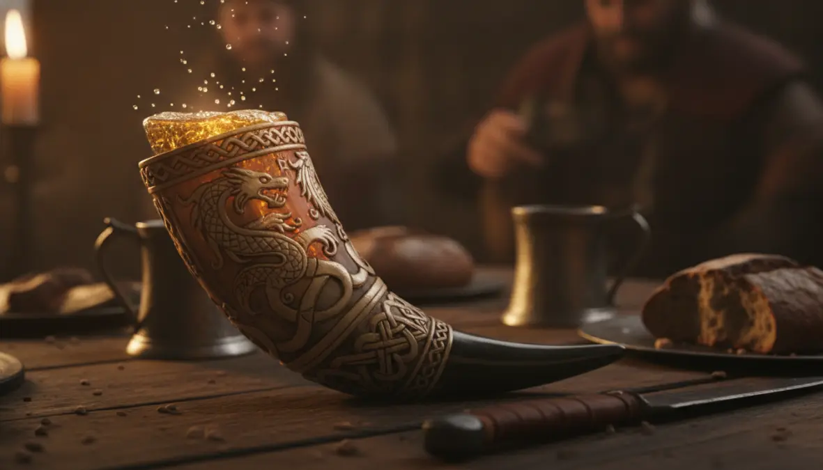 Viking drinking horn with mead showing Norse cultural tradition and medieval mead drinking customs
