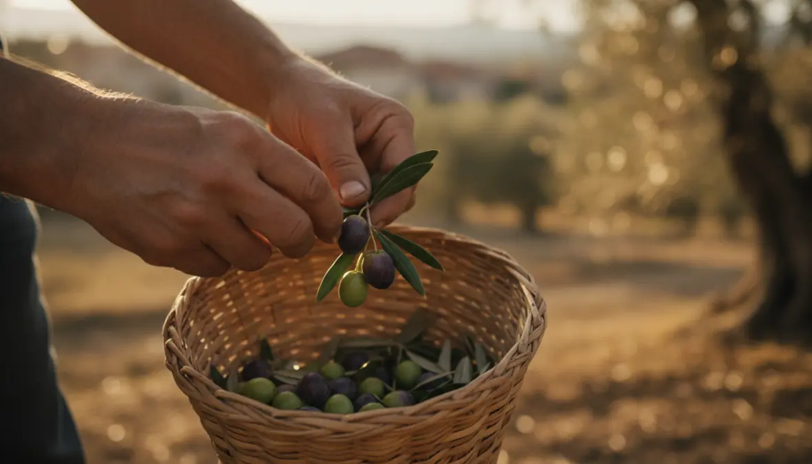 Traditional hand picking olive harvest method showing careful selection of ripe olives
