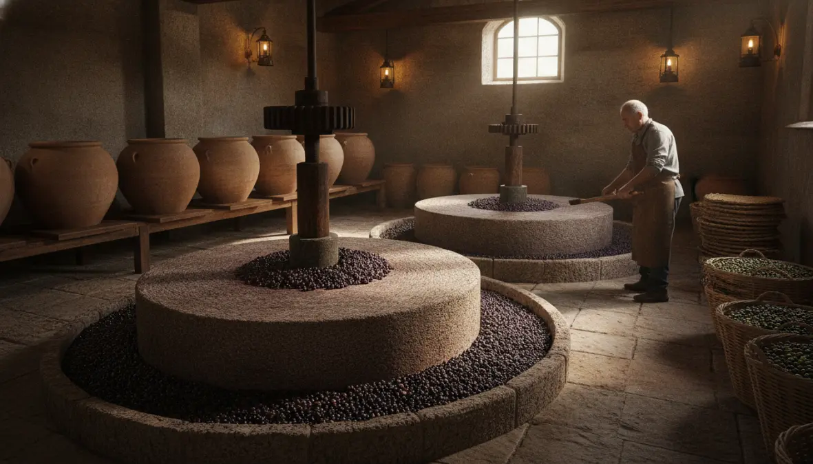 Ancient stone mill used for first cold press olive oil production in Mediterranean tradition