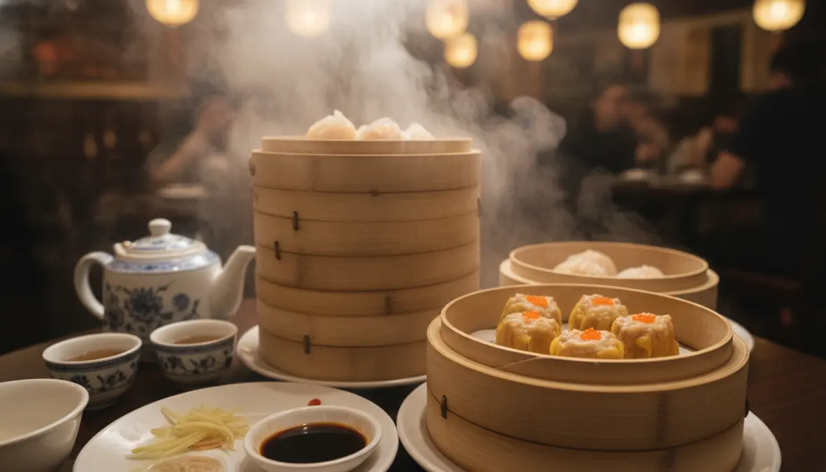 Traditional dim sum in bamboo steamers with har gow and shumai dumplings