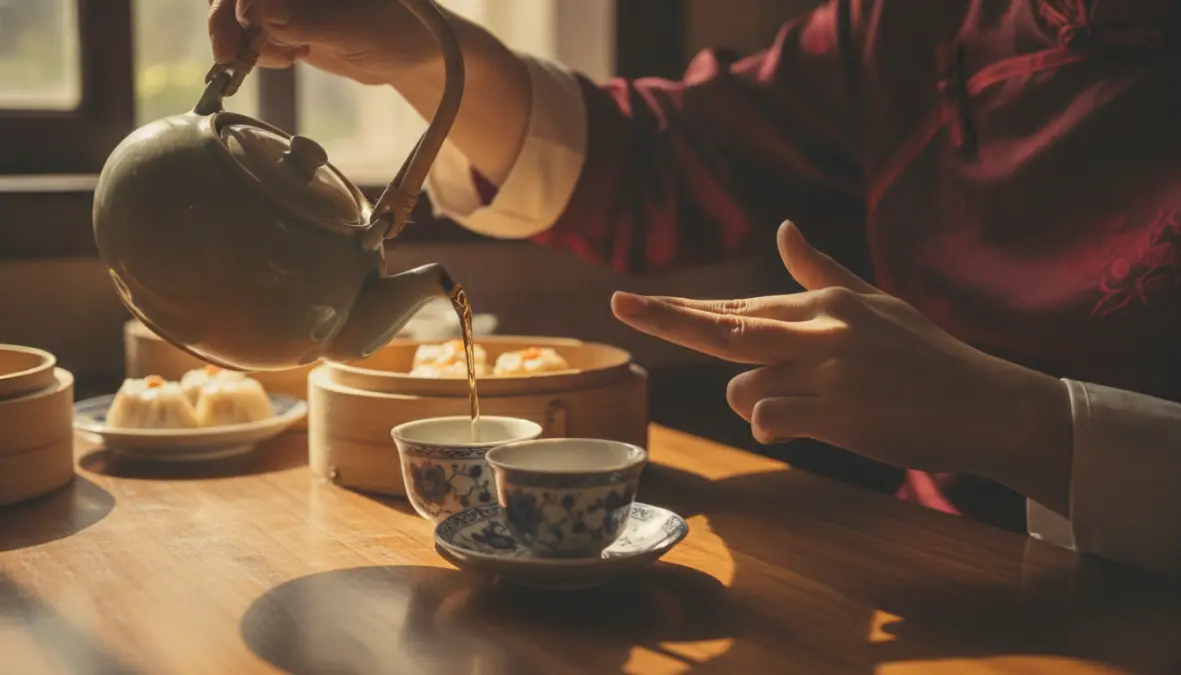 Tea tapping etiquette gesture during yum cha tradition with oolong tea service