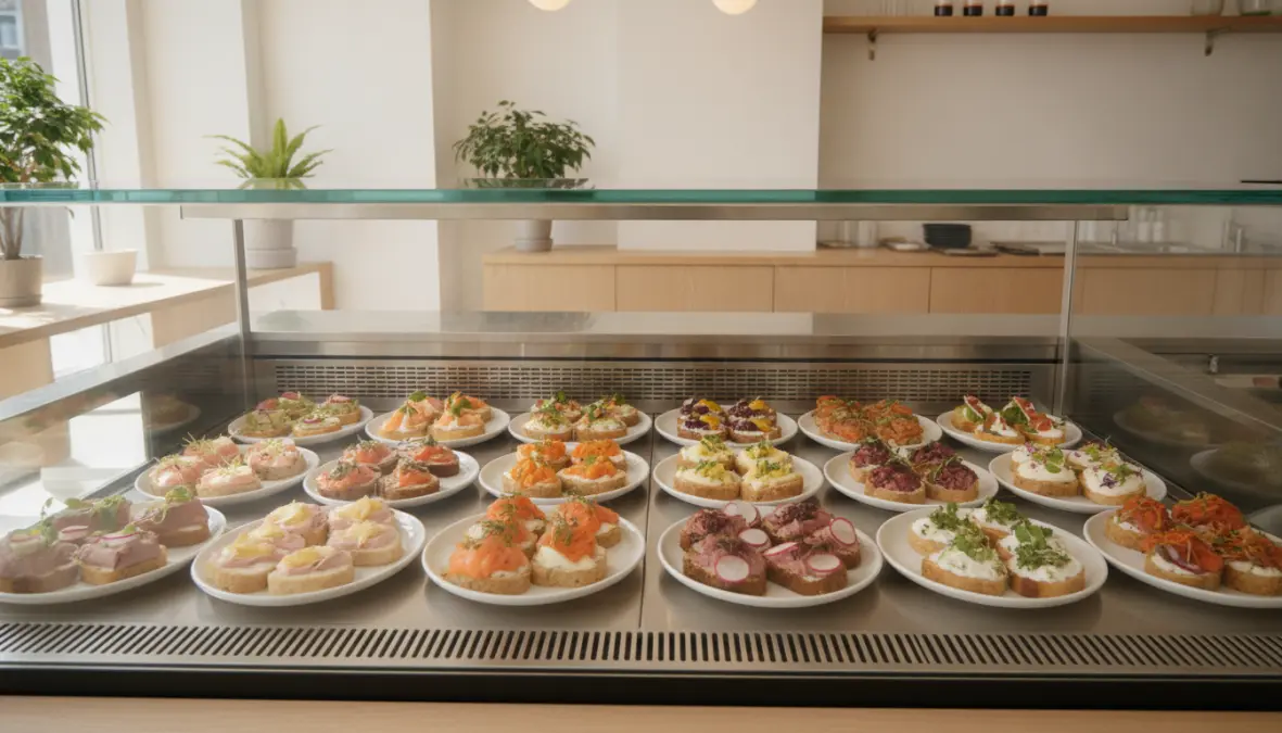 Modern smushi display in Copenhagen café showcasing contemporary Danish sandwich culture