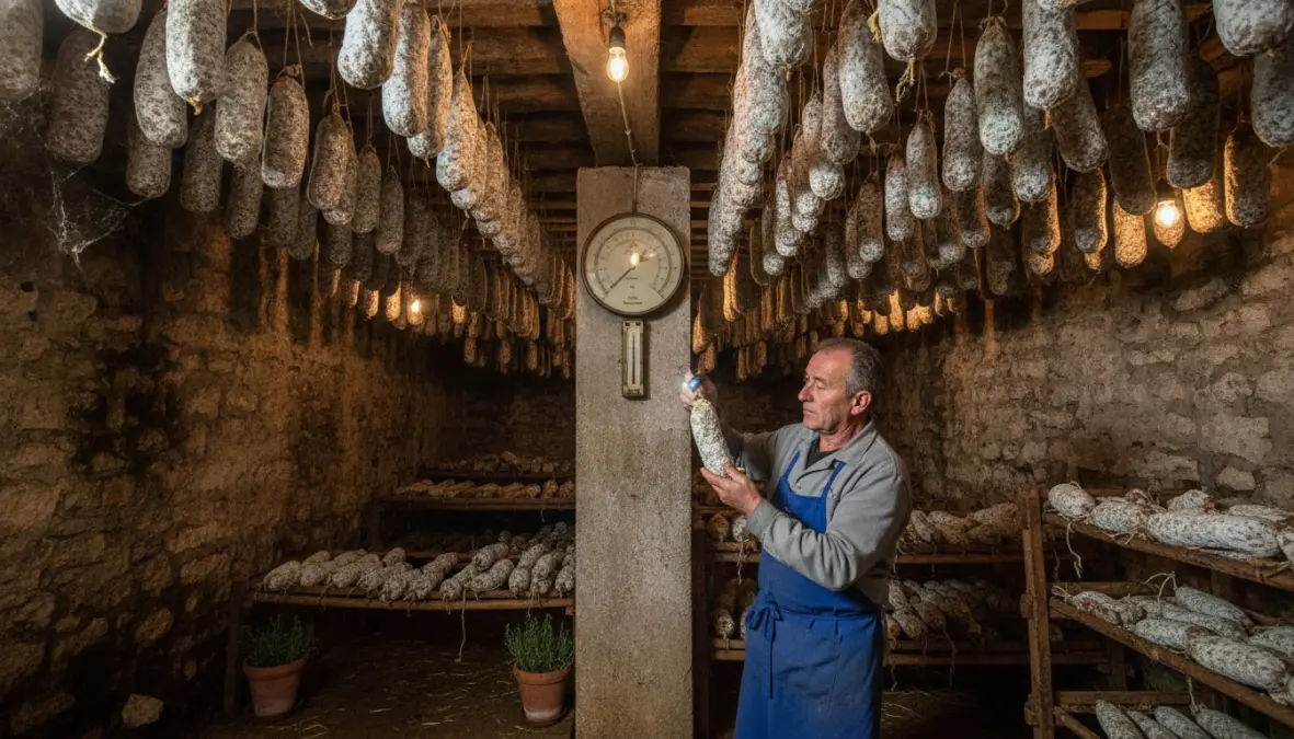 French charcuterie aging cellar with traditional dry curing methods and artisan sausages hanging