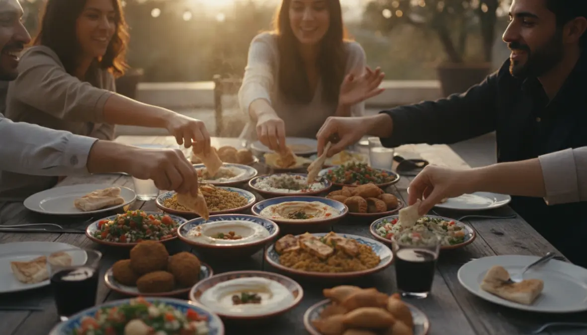 Friends sharing traditional Lebanese mezze in communal dining experience with hands reaching for food