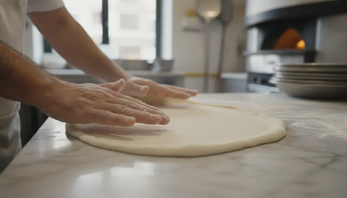 Traditional Neapolitan pizza dough stretching technique showing authentic pizza dough techniques