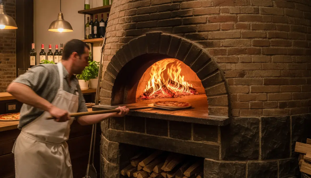 Wood-fired oven for authentic Neapolitan pizza showing traditional wood fired pizza making techniques