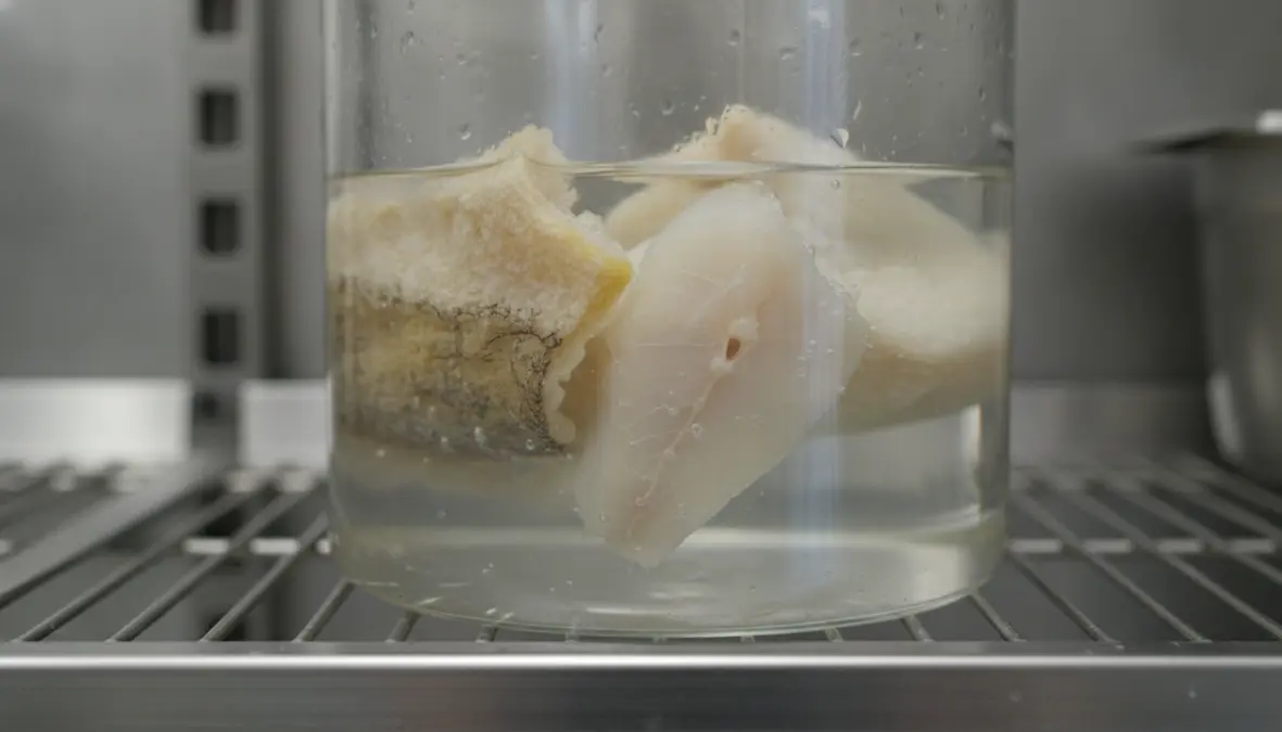 Dried salt cod soaking in water demonstrating bacalhau preparation methods and desalting techniques