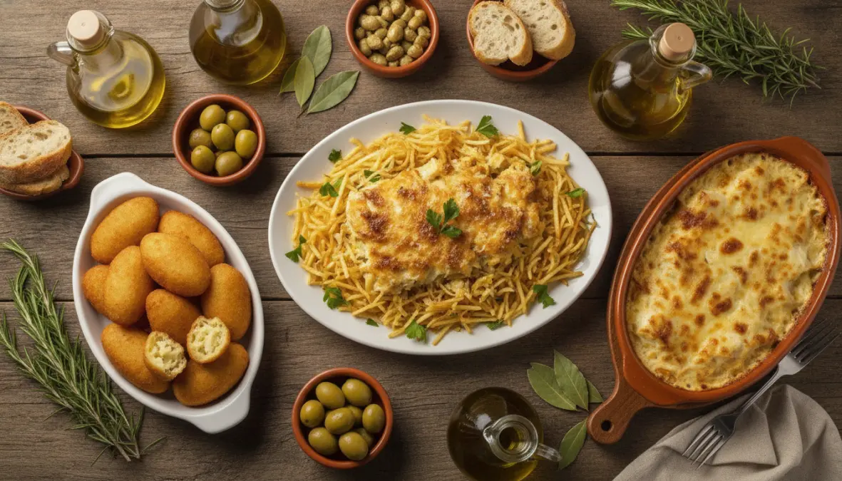Variety of traditional Portuguese salt cod dishes including bacalhau à brás and pastéis de bacalhau