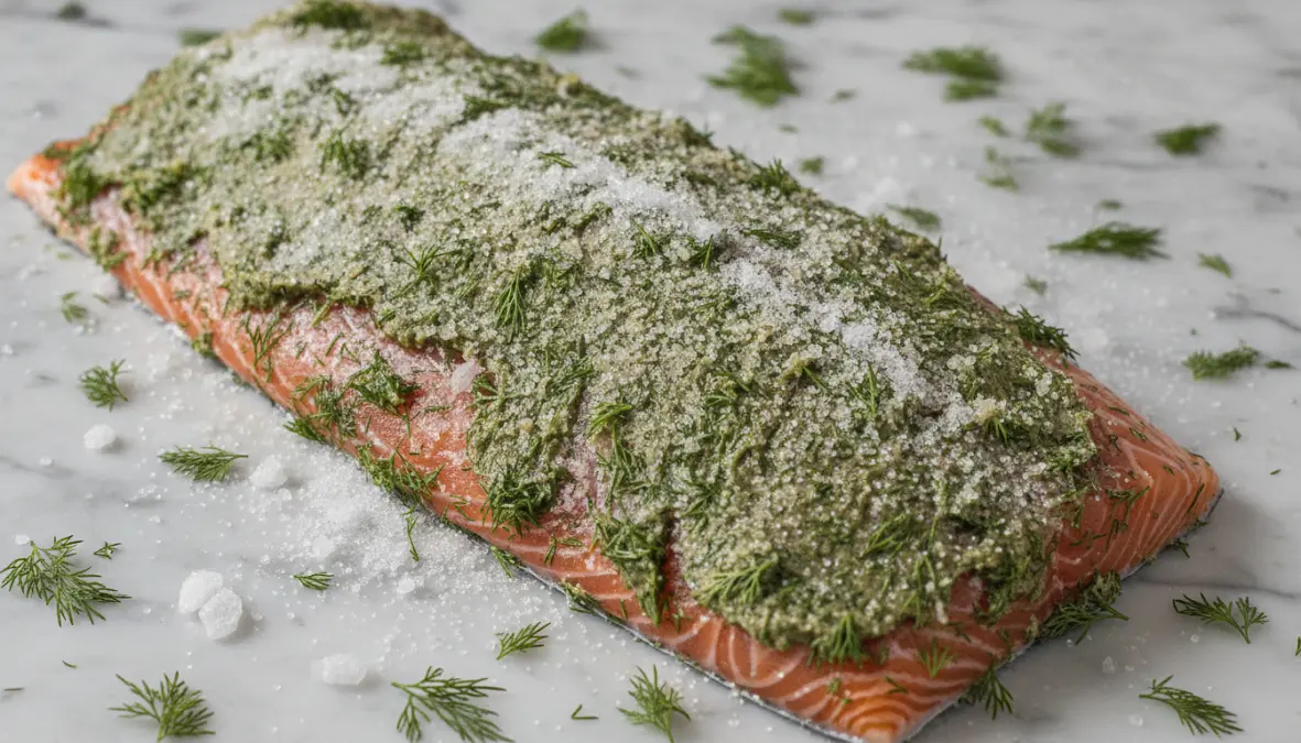 Fresh salmon fillet with traditional salt sugar dill cure for authentic scandinavian gravlax preparation