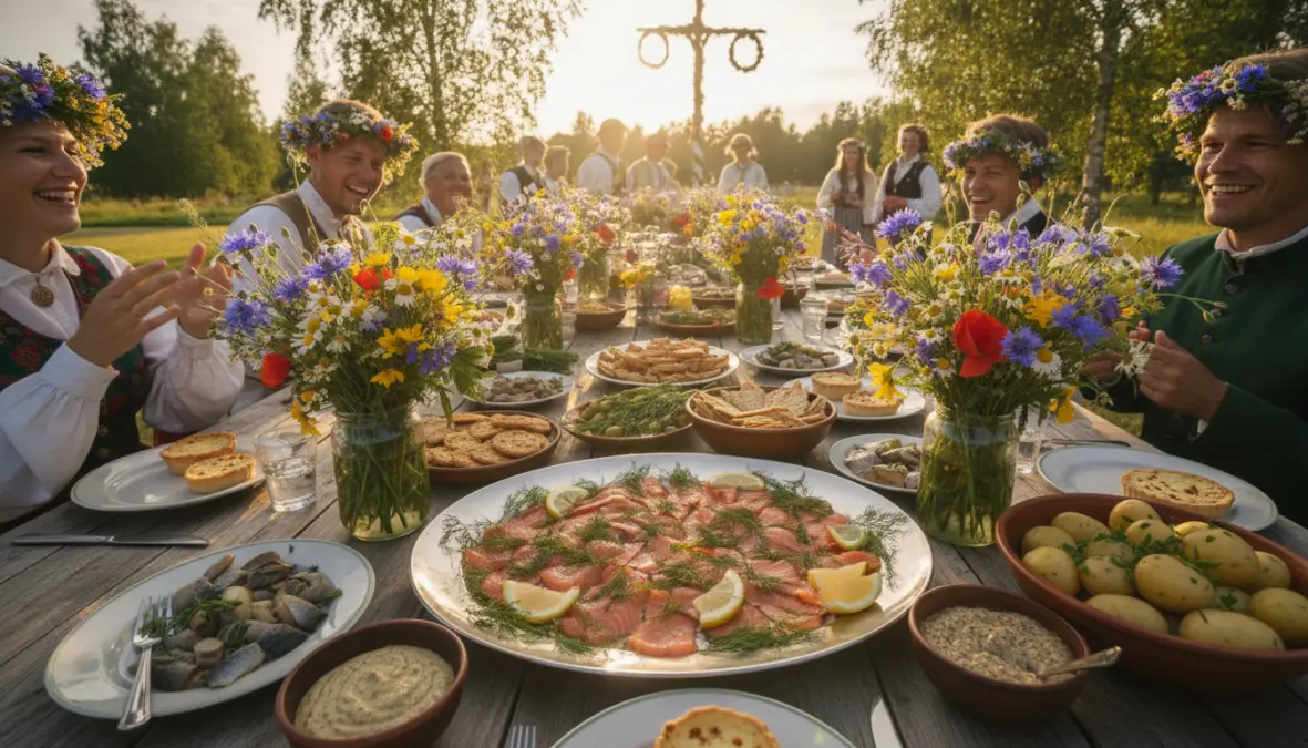 Midsummer food traditions featuring gravlax as centerpiece of nordic summer solstice feast table