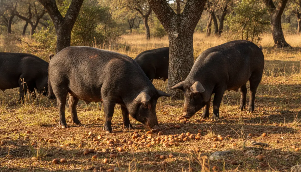 Dehesa acorn-fed Iberian pigs grazing in oak forest representing Spanish ham culture